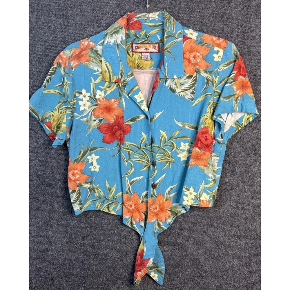 Caribbean Joe Tie Front Camp Shirt Women's Medium Blue Hibiscus Floral Tropical